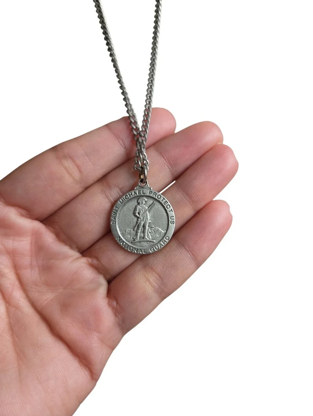 Silver Toned St Michaels Protect Us National Guard Pendant Necklace 26
